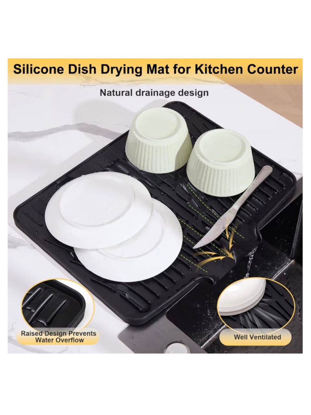 NEW Silicone Dish Drying Mat Kitchen Counter Non-Slip Dish Drying Pad Drain - Picture 3 of 7